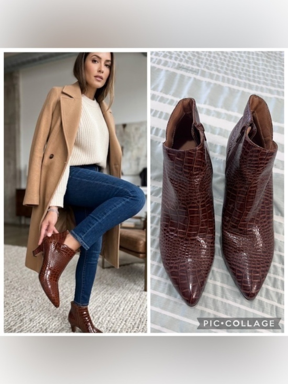 Chelsea crew Brown Croc-Embossed Pointed Toe Ankle Boots - Women size 38
